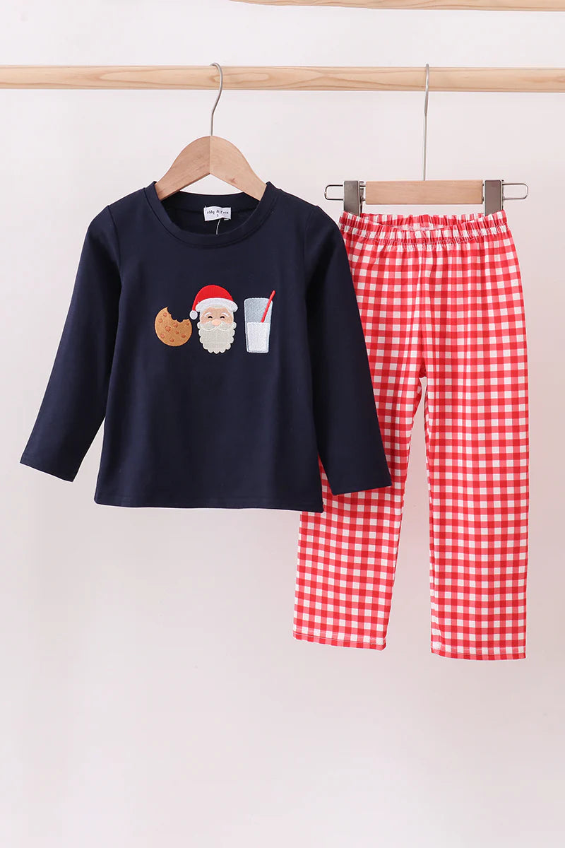 Navy Christmas santa cookie milk embroidery pants set