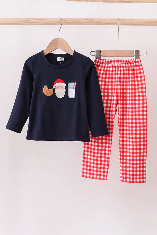 Navy Christmas santa cookie milk embroidery pants set