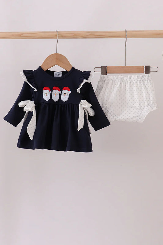 Navy christmas santa claus embroidery ruffle bloomer set