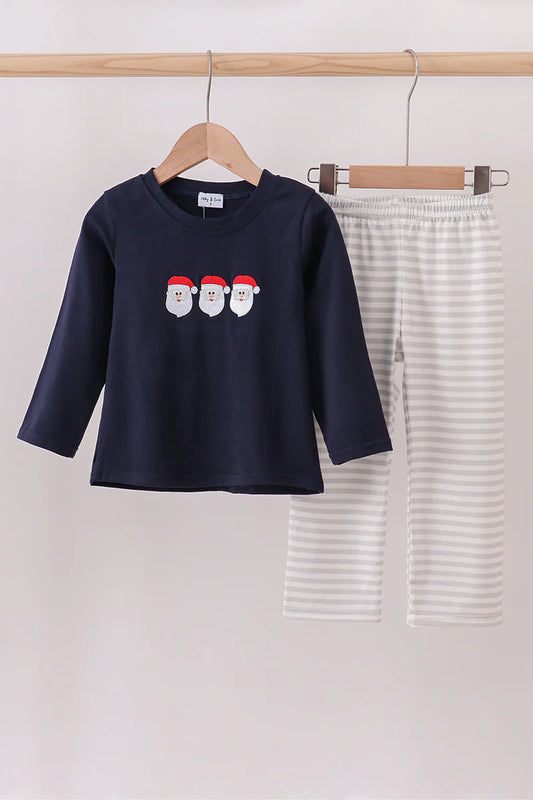 Navy Christmas santa claus embroidery stripe pants set
