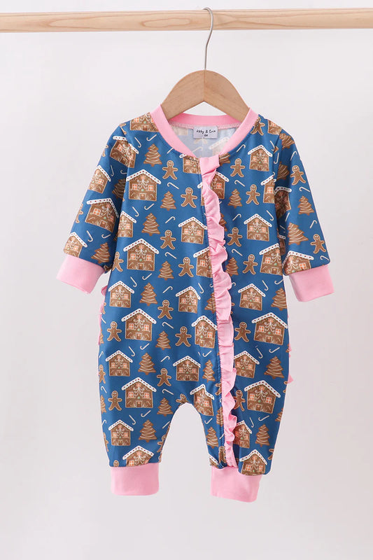Navy gingerbread print ruffle romper