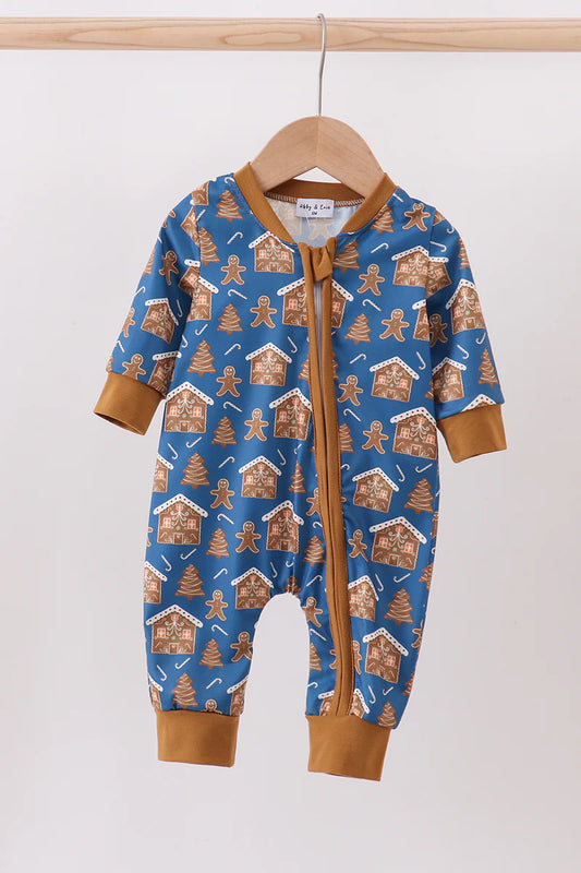 Navy gingerbread print romper