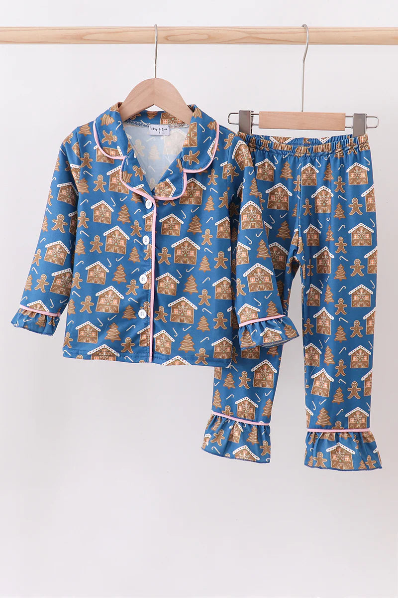 Navy gingerbread print ruffle pajamas set