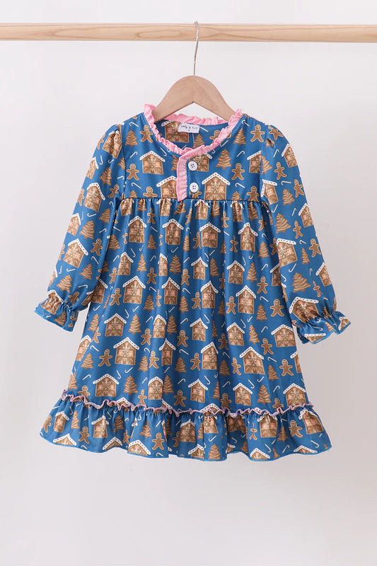 Navy gingerbread print ruffle gown