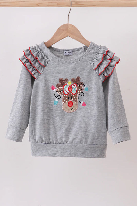 Grey reindeer applique ruffle top