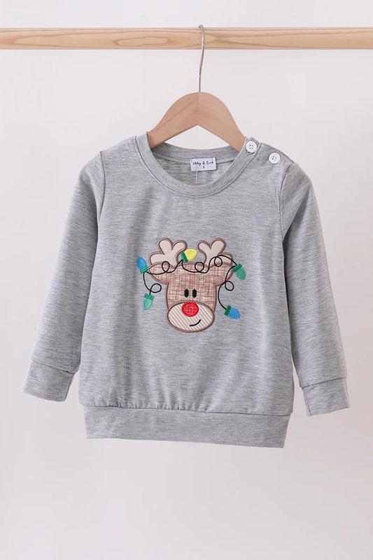 Grey reindeer applique top