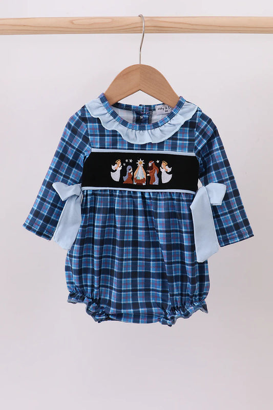 Navy nativity embroidery plaid ruffle bubble