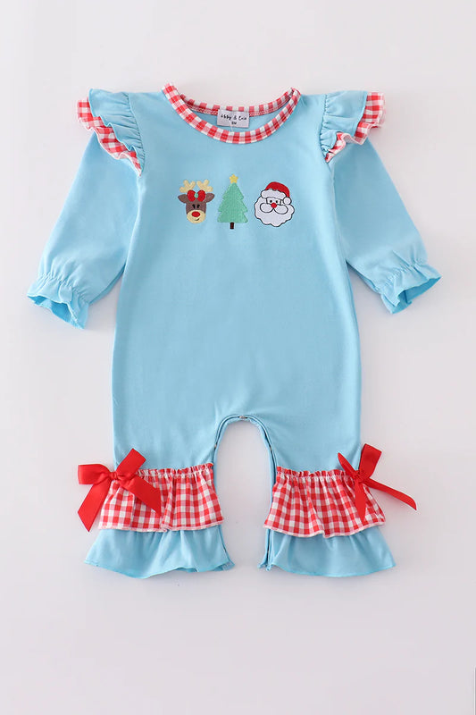 Blue deer tree santa embroidery ruffle romper