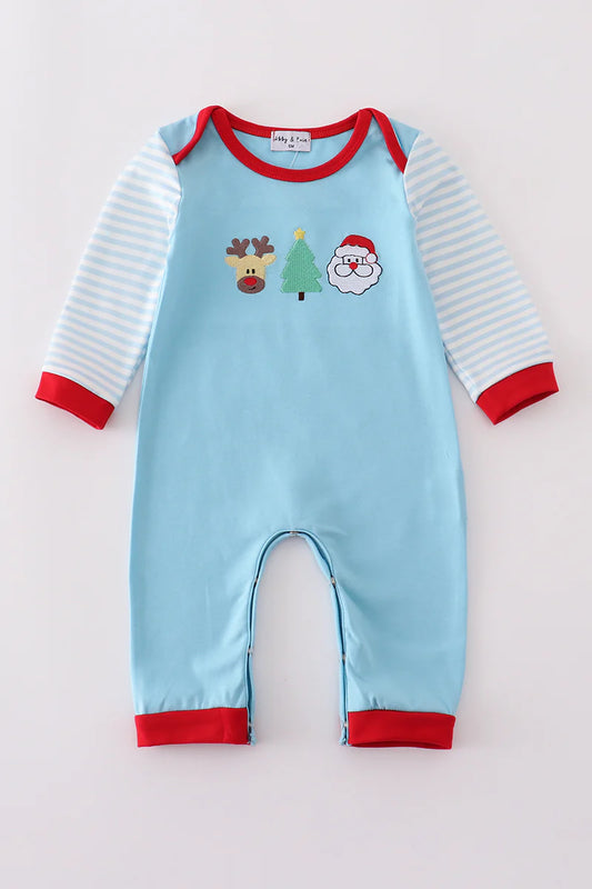 Blue deer tree santa embroidery romper