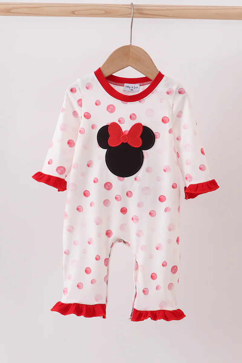 Red polka dot character applique romper