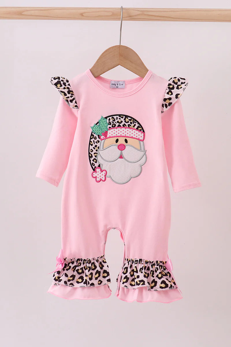 Pink santa claus leopard ruffle romper