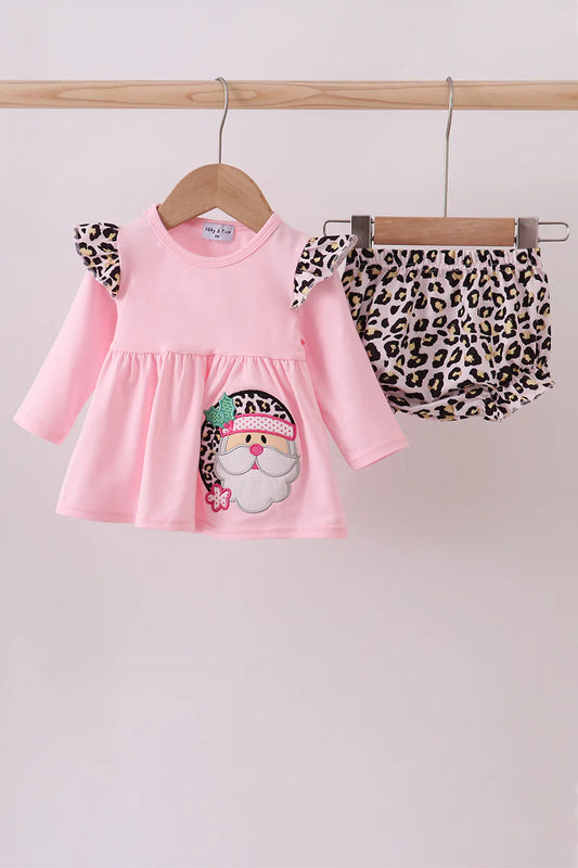 Pink santa claus leopard ruffle bloomer set