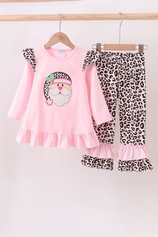 Pink santa claus leopard ruffle pants set