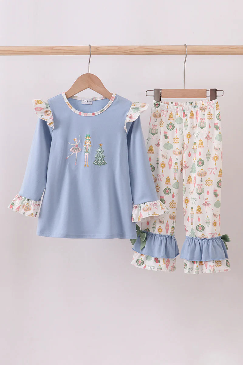 Blue nutcracker embroidery ruffle pants set