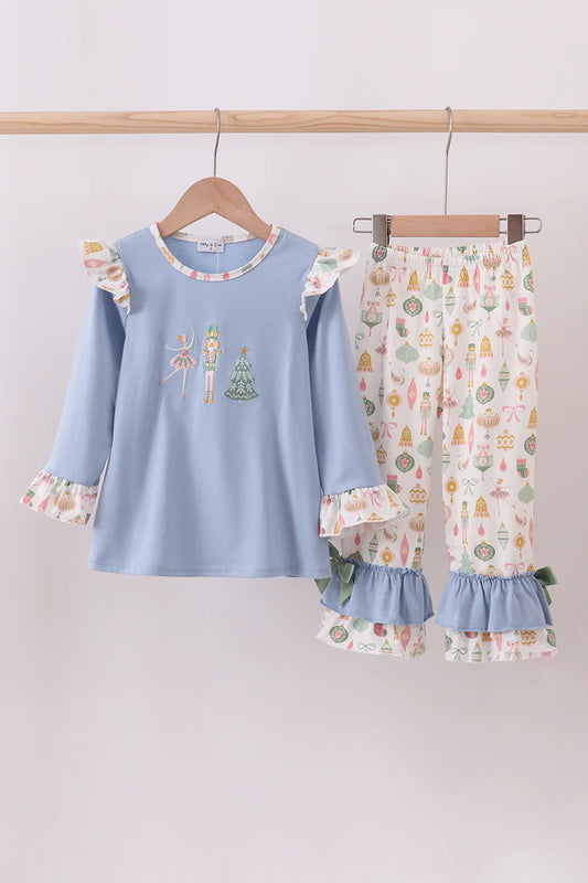 Blue nutcracker embroidery ruffle pants set