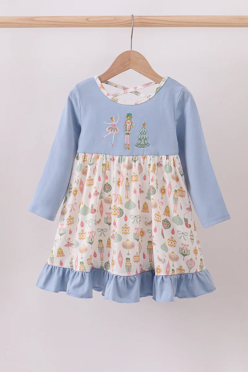 Blue nutcracker embroidery ruffle dress