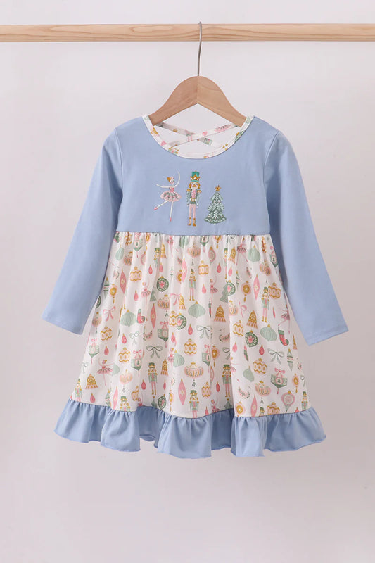 Blue nutcracker embroidery ruffle dress