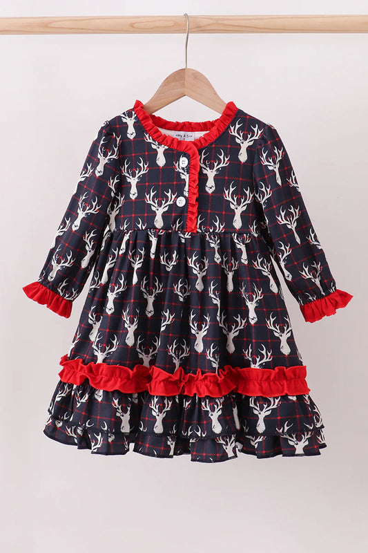 Navy deer print ruffle dress