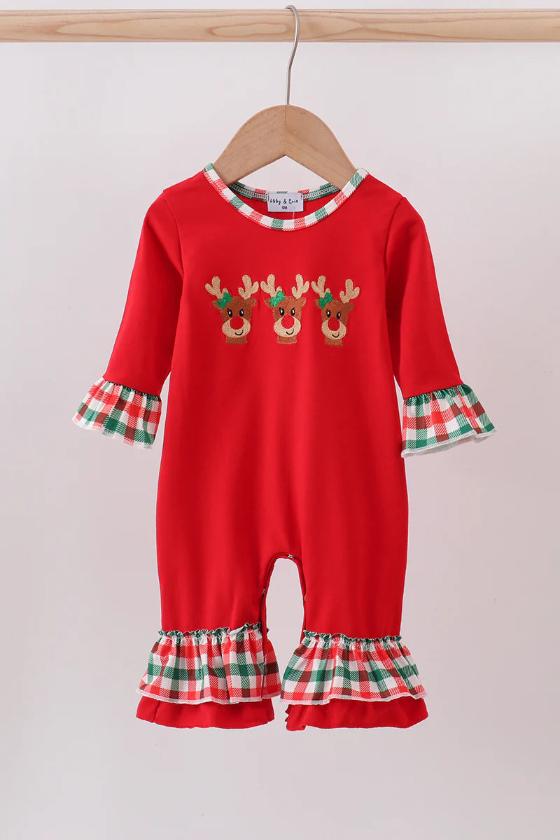 Red reindeer embroidery ruffle romper