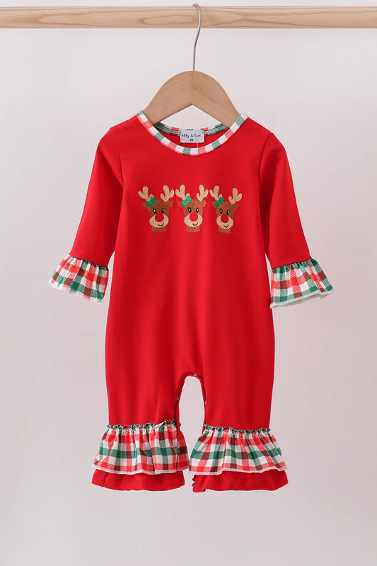 Red reindeer embroidery ruffle romper