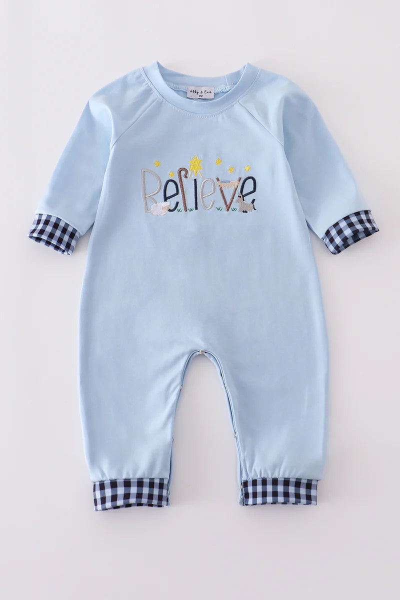 Blue believe embroidery romper