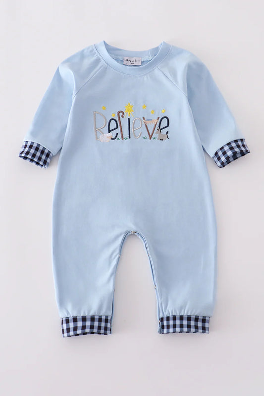 Blue believe embroidery romper