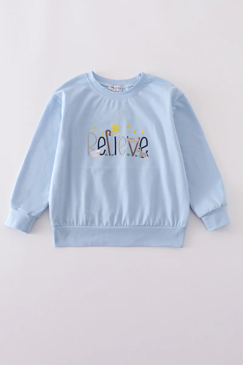 Blue believe embroidery top