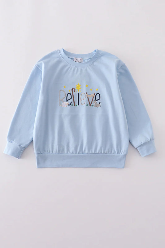 Blue believe embroidery top