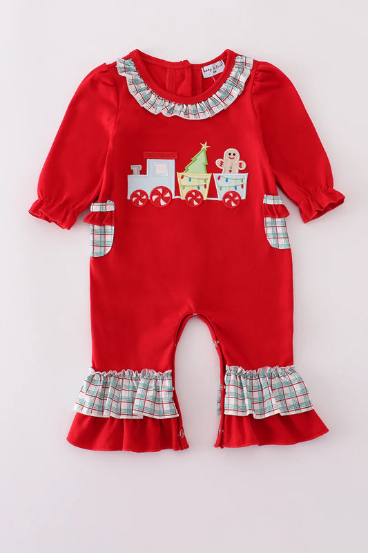 Red gingerbread applique ruffle romper