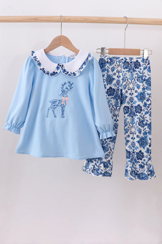 Blue reindeer embroidery dress set