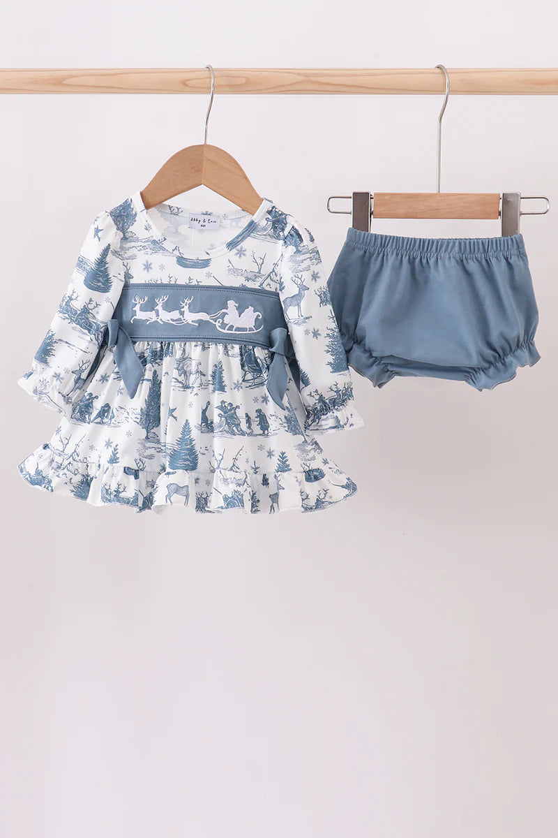 Blue christmas reindeer embroidery bloomer set