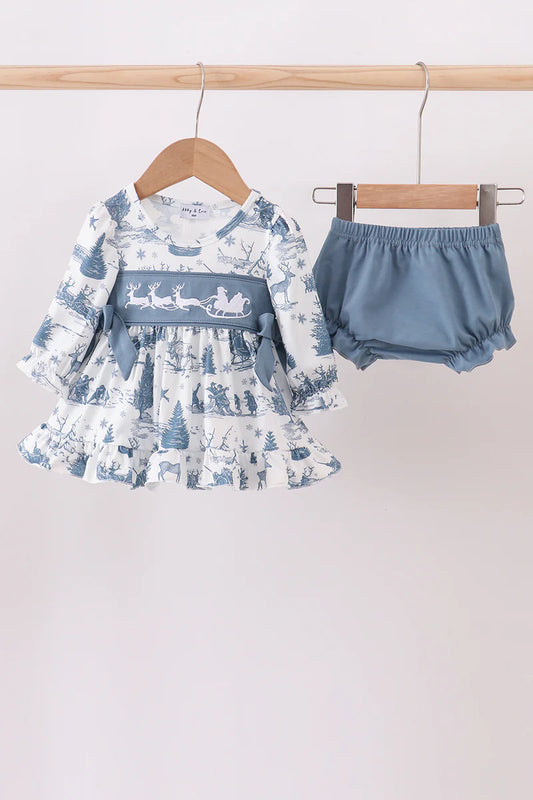 Blue christmas reindeer embroidery bloomer set