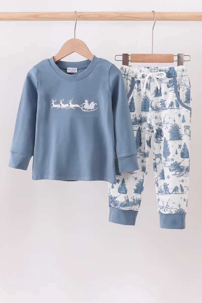 Blue christmas reindeer embroidery pants set