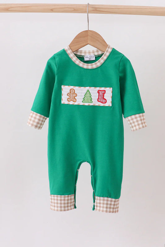 Green gingerbread smocked romper