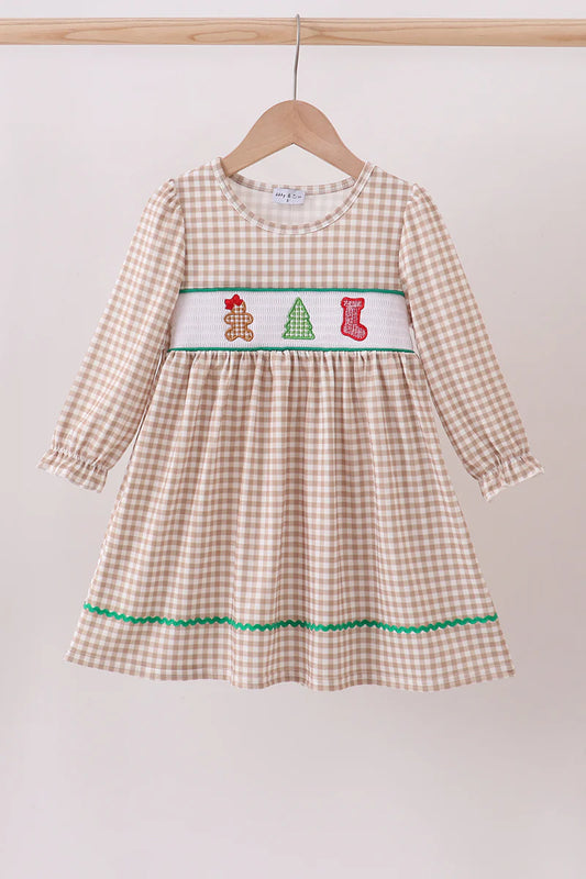Khaki gingerbread smocked dress