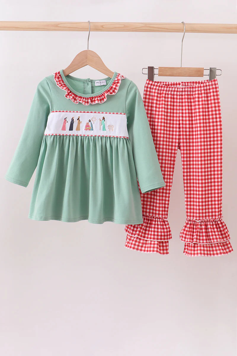 Green nativity embroidery ruffle pants set