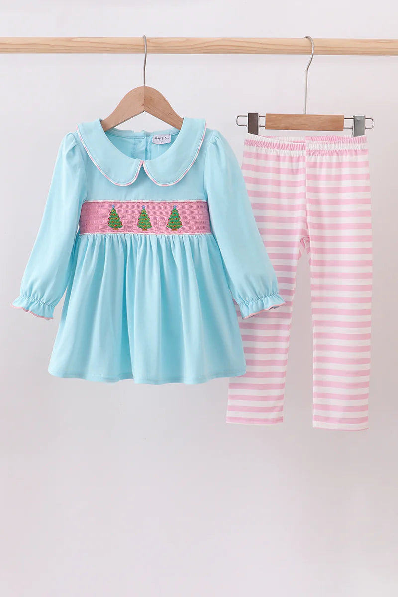 Blue christmas tree smocked stripe pants set