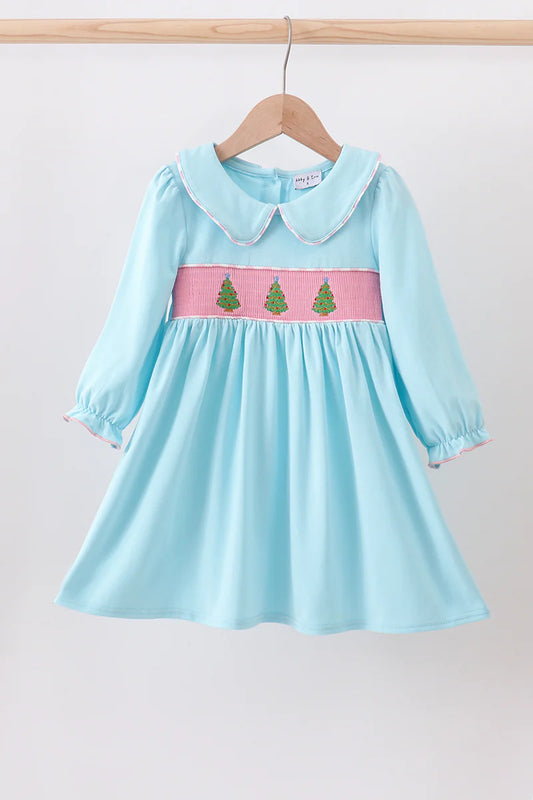 Blue christmas tree smocked dress