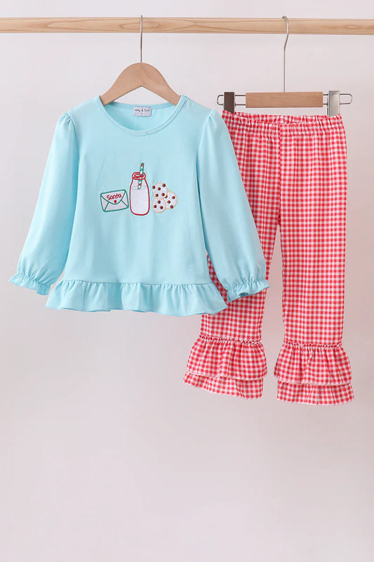 Blue cookie milk santa applique ruffle pants set
