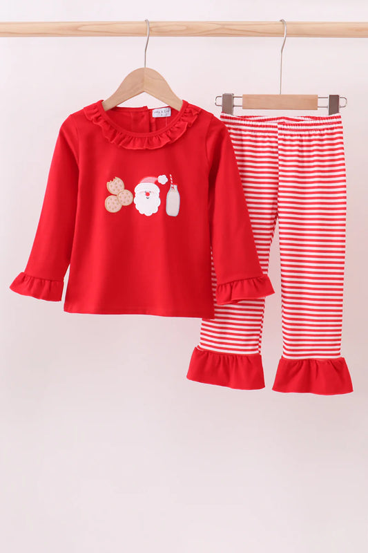 Red santa claus biscuit milk applique ruffle pants set