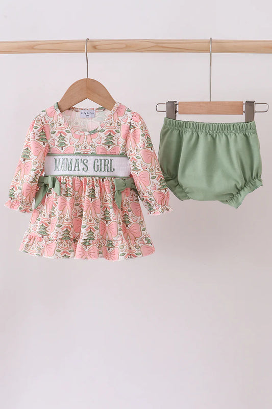 Green Christmas tree MAMA'S GIRL smocked bloomer set