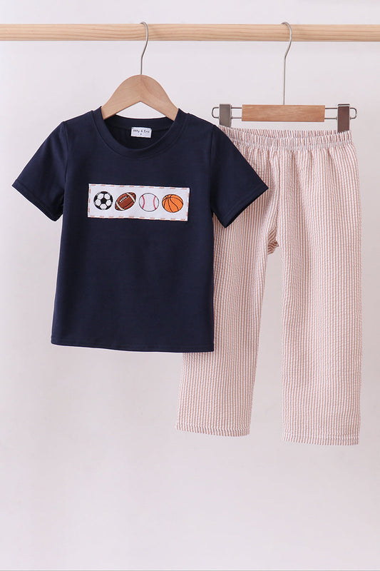 Navy seersucker Game Day Sports embroidery stripe pants set