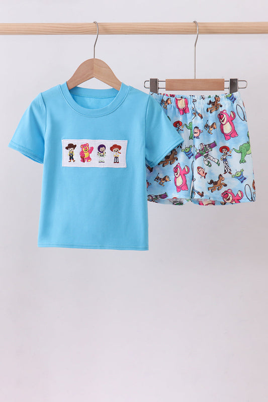 Blue character smocked shorts set