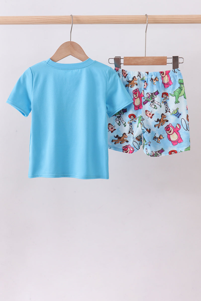 Blue character smocked shorts set