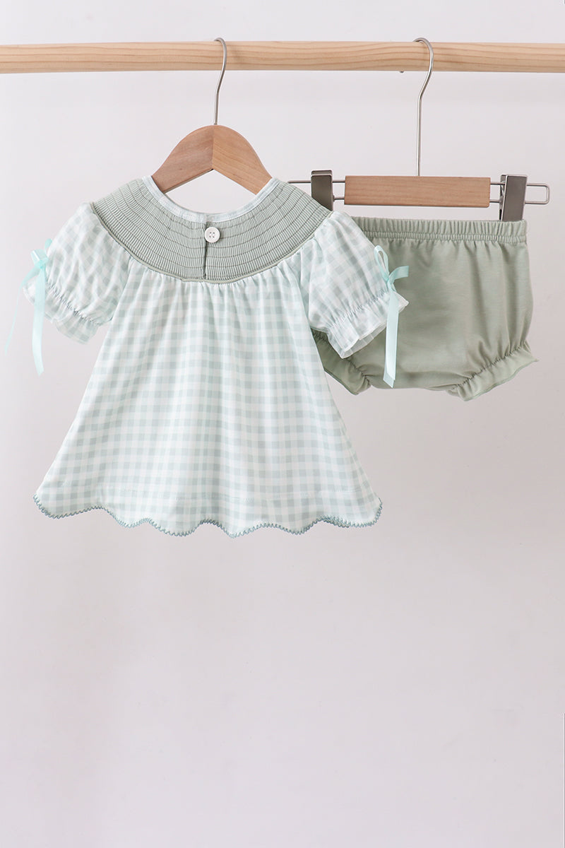 Sage He is risen smocked gingham bloomer set