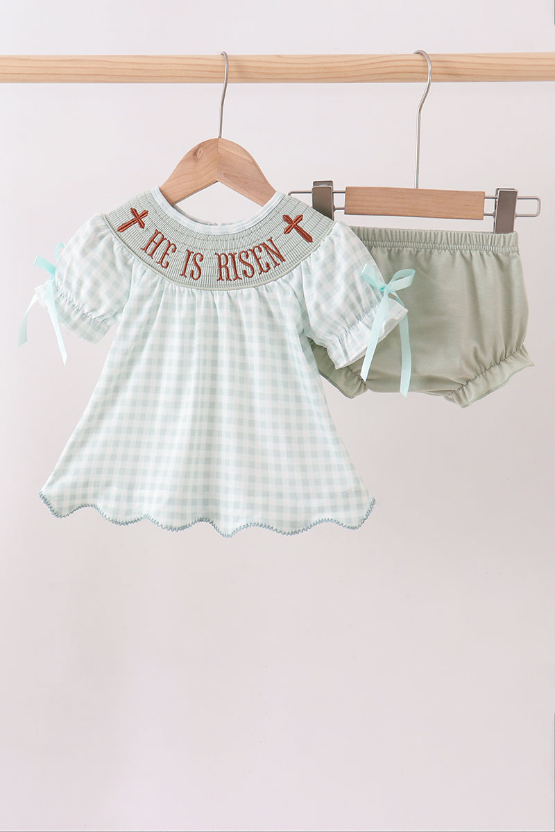 Sage He is risen smocked gingham bloomer set