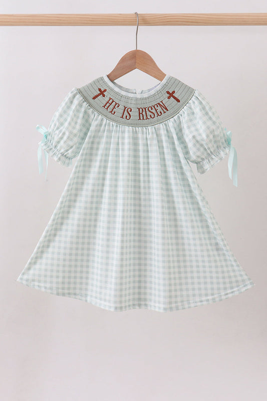 Sage He is risen smocked gingham dress