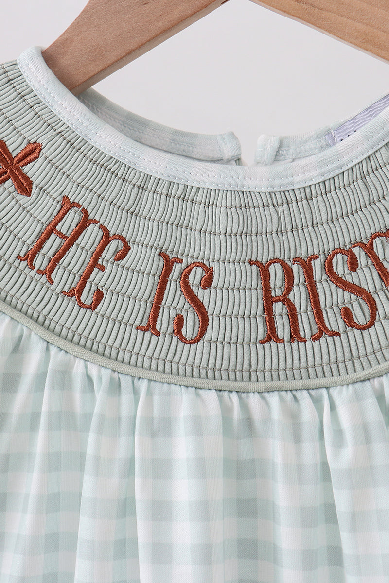 Sage He is risen smocked gingham dress