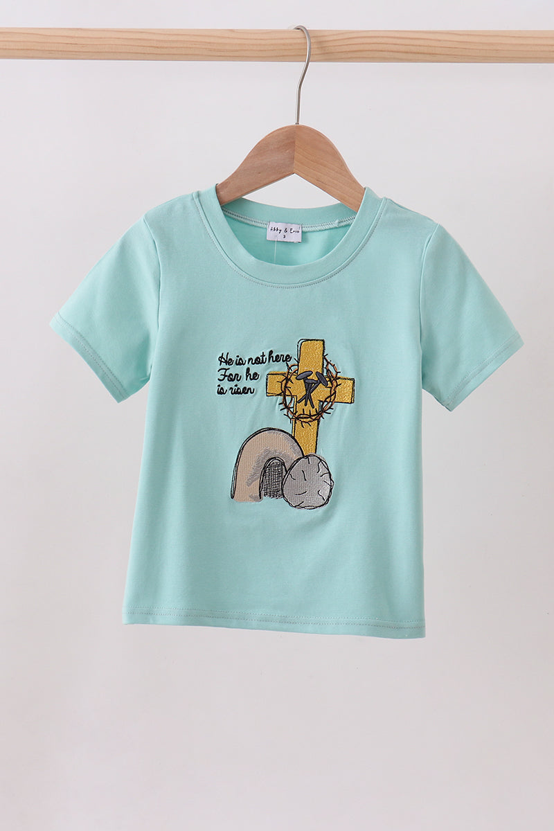 He is risen embroidery top-Blue