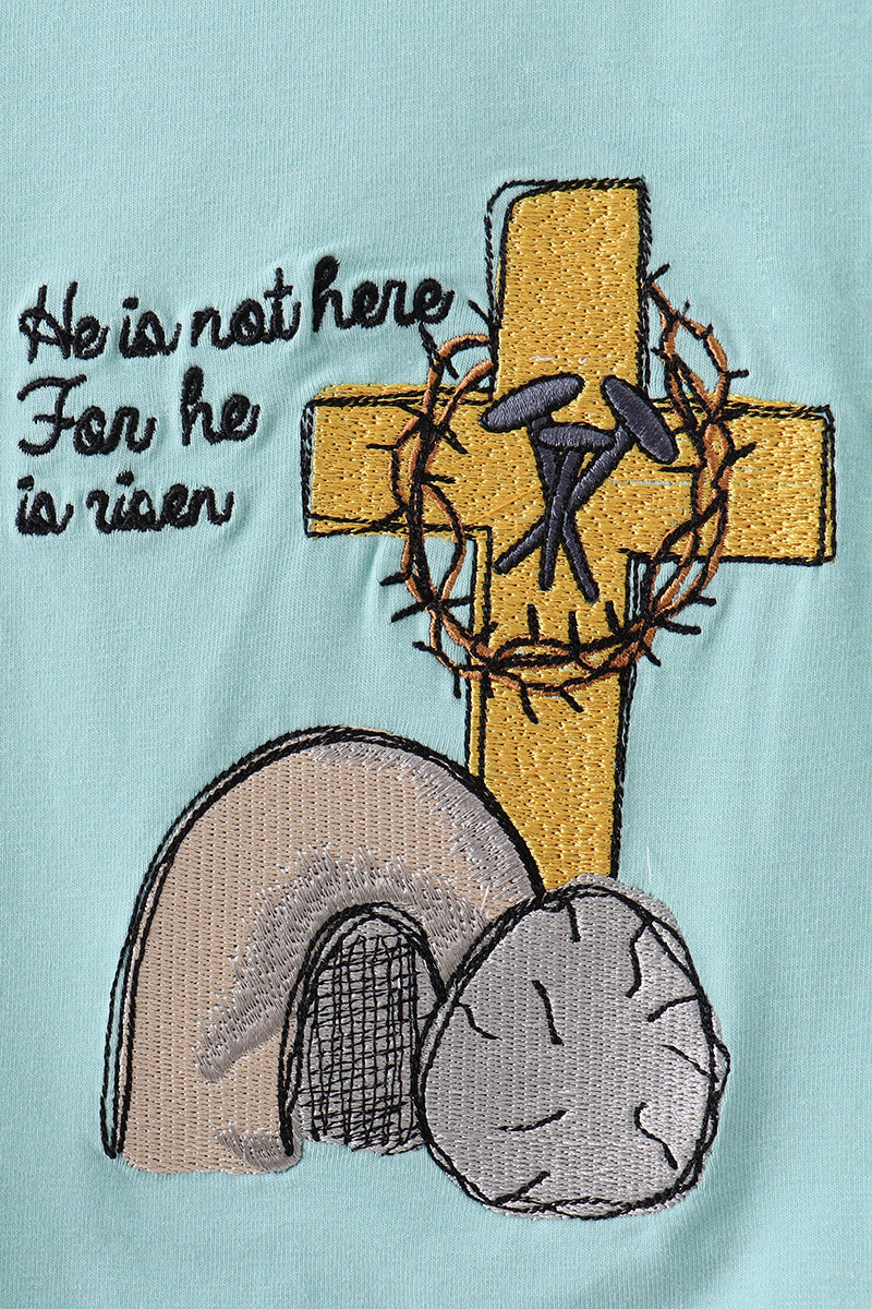 He is risen embroidery top-Blue